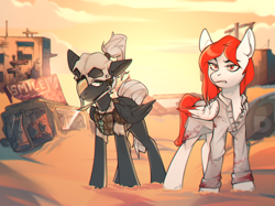 Size: 1142x856 | Tagged: safe, artist:devi_shade, oc, oc:blink(foe), oc:wings(foe), pegasus, pony, fallout equestria, armor, clothes, dashite, doctor, female, foe adventures, horn, jewelry, lab coat, mare, necklace, raider, skull, stable door, wasteland, ych result