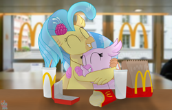 Size: 2650x1702 | Tagged: safe, artist:rainbow eevee, princess skystar, silverstream, classical hippogriff, hippogriff, my little pony: the movie, cousins, cup, cute, diastreamies, drink, duo, eyes closed, fast food, female, food, happy, hug, irl, mcdonald's, paper bag, restaurant, skyabetes, smiling, table