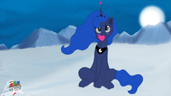 Size: 3265x1837 | Tagged: safe, artist:engi, princess luna, pony, g4, blushing, cute, heart, looking at you, lunabetes, mouth hold, sitting, snow, solo