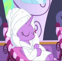 Size: 651x645 | Tagged: safe, screencap, twilight sparkle, alicorn, pony, g4, interseason shorts, rarity's biggest fan, bathrobe, clothes, cropped, eyes closed, female, ponyville spa, reclining, robe, smiling, solo, towel, towel on head, twilight sparkle (alicorn)