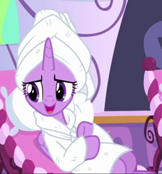 Size: 560x604 | Tagged: safe, screencap, twilight sparkle, alicorn, pony, g4, rarity's biggest fan, spoiler:interseason shorts, bathrobe, clothes, cropped, female, open mouth, ponyville spa, reclining, robe, solo, towel, towel on head, twilight sparkle (alicorn)