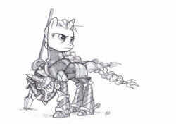 Size: 2577x1846 | Tagged: safe, artist:wisdom-thumbs, oc, oc only, oc:tilter gallant, pony, unicorn, armor, braided tail, female, grayscale, helmet, knight, mare, monochrome, pencil drawing, plate armor, spear, spurs, traditional art, weapon