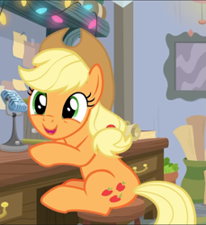 Size: 655x715 | Tagged: safe, screencap, applejack, pony, g4, mystery voice, cropped, cute, female, jackabetes, microphone, open mouth, sitting, solo