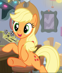 Size: 653x770 | Tagged: safe, screencap, applejack, earth pony, pony, g4, mystery voice, cropped, cute, female, jackabetes, smiling, solo, stool