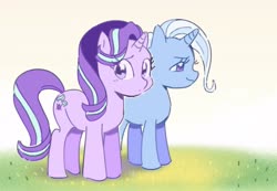 Size: 2048x1414 | Tagged: dead source, safe, artist:chapaghettii, starlight glimmer, trixie, pony, unicorn, g4, cute, duo, female, grass, looking at you, mare, smiling