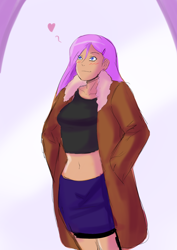 Size: 1448x2048 | Tagged: safe, artist:annon, fluttershy, human, g4, belly button, blushing, clothes, ear piercing, female, floating heart, hairpin, heart, humanized, jacket, midriff, overcoat, piercing, reflection, skirt, solo