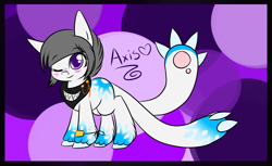 Size: 1383x844 | Tagged: safe, artist:14th-crown, oc, oc only, oc:axis, original species, abstract background, augmented tail, clothes, female, neckerchief, one eye closed, solo, unshorn fetlocks, wink