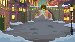Size: 1136x640 | Tagged: safe, gameloft, g4, my little pony: magic princess, background, building, christmas, christmas lights, christmas wreath, holiday, lantern, night, no pony, outdoors, snow, stars, wreath