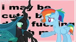 Size: 1280x716 | Tagged: safe, artist:mixelfangirl100, queen chrysalis, rainbow dash, changeling, pegasus, pony, badverse, g4, alternate hairstyle, blushing, chrysadash, crack shipping, female, lesbian, mare, raised hoof, scratches, shipping