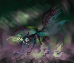 Size: 2000x1700 | Tagged: safe, artist:mysteriousshine, queen chrysalis, changeling, changeling queen, g4, abstract background, female, glowing horn, horn, hungry, looking at you, open mouth, sharp teeth, solo, teeth, tongue out