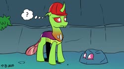 Size: 1200x675 | Tagged: safe, artist:pony-berserker, oc, oc:berzie, oc:dopple, changedling, changeling, confused, disguise, disguised changeling, hard hat, i can't believe it's not idw, question mark, rock, thought bubble