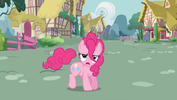 Size: 1920x1080 | Tagged: safe, screencap, pinkie pie, earth pony, pony, g4, it's about time, animation error, female, looking at you, mare, solo, tail