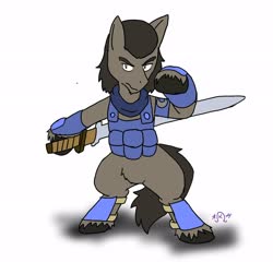Size: 2048x1967 | Tagged: safe, artist:omegapony16, oc, oc only, oc:oriponi, earth pony, pony, armor, bipedal, clothes, hoof hold, male, scarf, signature, simple background, solo, stallion, sword, unshorn fetlocks, vest, weapon, white background