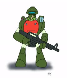 Size: 1766x2048 | Tagged: safe, artist:omegapony16, idw, living apple, robot, apple, food, gun, signature, simple background, solo, weapon, white background