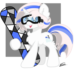 Size: 2625x2500 | Tagged: safe, artist:minty joy, oc, oc only, oc:snow pearl, earth pony, pony, chest fluff, ear fluff, high res, mascot, simple background, snow, snowboard, solo, weponies