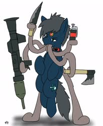 Size: 1680x2048 | Tagged: safe, alternate version, artist:omegapony16, oc, oc only, monster pony, original species, tatzlpony, axe, collar, colored, grenade, knife, prehensile tongue, rocket launcher, signature, simple background, solo, tentacle tongue, tentacles, weapon, white background