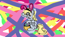 Size: 1920x1080 | Tagged: safe, artist:ta0', derpy hooves, pegasus, pony, g4, abstract background, basket, bunny ears, easter bunny, easter egg, female, mare, sitting, solo