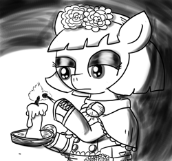 Size: 640x600 | Tagged: safe, artist:ficficponyfic, part of a set, oc, oc only, oc:mulberry telltale, cyoa:madness in mournthread, button, calm, candle, candlelight, candlestick, cyoa, emotionless, eyeshadow, fire, flower, frills, headband, hoof boots, makeup, match, monochrome, mystery, part of a series, satchel, shadow, story included