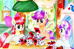 Size: 3487x2302 | Tagged: safe, artist:liaaqila, apple bloom, scootaloo, sweetie belle, earth pony, pegasus, pony, unicorn, g4, :p, apple bloom's bow, blank flank, bow, card, commission, curtains, cutie mark crusaders, female, filly, glowing horn, hair bow, high res, horn, house of cards, levitation, light, lightbulb, magic, table, telekinesis, tongue out, traditional art, wardrobe