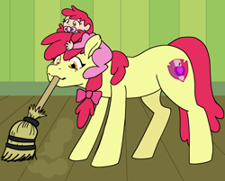Size: 2764x2222 | Tagged: safe, artist:/d/non, artist:gameboyadvancesp, apple bloom, oc, oc:peach, earth pony, pony, satyr, g4, broom, duo, female, high res, mother and child, mother and daughter, mouth hold, offspring, older, older apple bloom, pacifier, parent:apple bloom, sweeping