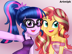 Size: 2048x1536 | Tagged: safe, artist:artmlpk, sci-twi, sunset shimmer, twilight sparkle, equestria girls, g4, adorable face, adorkable, beautiful, clothes, cute, digital art, dork, dress, duo, duo female, female, friendship, looking at you, open mouth, outfit, selfie, simple background, smiling, smiling at you