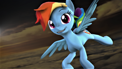 Size: 1920x1080 | Tagged: safe, artist:moonmart4u, rainbow dash, pegasus, pony, g4, 3d, female, flying, looking at you, smiling, smiling at you, solo, source filmmaker