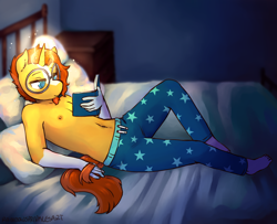 Size: 3700x3000 | Tagged: safe, artist:rainbowsprinklesart, sunburst, unicorn, anthro, plantigrade anthro, g4, bed, belly button, blushing, book, clothes, glasses, heart, high res, magic, male, male nipples, nipples, nudity, partial nudity, signature, solo, stallion, telekinesis, topless