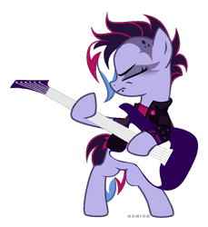 Size: 856x934 | Tagged: safe, artist:binakolombina, oc, oc only, oc:brie spacer, pegasus, pony, badge, bipedal, clothes, electric guitar, eyes closed, eyeshadow, female, guitar, hard rock, heavy metal, jacket, leather jacket, makeup, mare, multicolored hair, musical instrument, piercing, pin, rock (music), shirt, simple background, snake bites, solo, t-shirt, transparent background