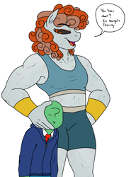 Size: 3000x3900 | Tagged: safe, artist:pony quarantine, oc, oc:anon, oc:greekpone, human, anthro, alternative colors, armband, clothes, compression shorts, dialogue, high res, hoodie, marble, necktie, open mouth, simple background, spandex, speech bubble, sports bra, statue, white background