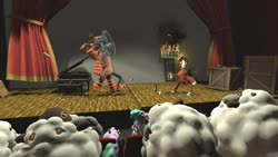 Size: 1280x720 | Tagged: safe, artist:horsesplease, trouble shoes, galarian ponyta, mudsdale, ponyta, wooloo, g4, 3d, audience, bottle, can, drunk, drunken shoes, fire, gmod, musical instrument, piano, pokémon, sign, stage, talk show