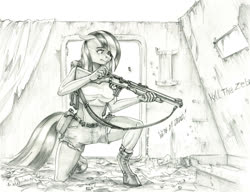 Size: 1400x1075 | Tagged: safe, artist:baron engel, marble pie, earth pony, anthro, g4, breasts, clothes, delisle carbine, female, gun, mare, midriff, monochrome, pencil drawing, solo, sports bra, story included, traditional art, weapon