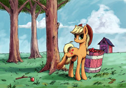 Size: 2021x1421 | Tagged: safe, artist:smg11-on-ddjrb, applejack, earth pony, pony, g4, apple, apple tree, applebucking, bucket, cowboy hat, farm, female, food, hat, lineart, looking at you, mare, solo, straw in mouth, tree