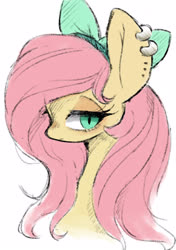 Size: 2039x2894 | Tagged: safe, artist:91o42, fluttershy, pegasus, pony, g4, bow, bust, cute, ear piercing, earring, female, hair bow, high res, jewelry, lidded eyes, mare, piercing, pixiv, portrait, profile, shyabetes, simple background, slit pupils, solo, white background
