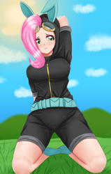 Size: 1400x2200 | Tagged: safe, artist:focusb, fluttershy, equestria girls, g4, adorasexy, big breasts, breasts, bunny ears, busty fluttershy, clothes, costume, cute, dangerous mission outfit, female, goggles, hoodie, human coloration, sexy, socks, solo, stupid sexy fluttershy
