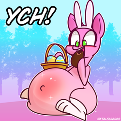 Size: 4000x4000 | Tagged: safe, artist:metalface069, pony, belly blush, bunny ears, chocolate, chocolate egg, commission, easter bunny, easter egg, fat, food, huge belly, your character here