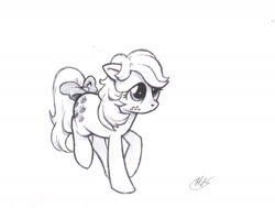 Size: 1961x1481 | Tagged: safe, artist:wisdom-thumbs, applejack, applejack (g1), earth pony, pony, g1, g4, bow, female, freckles, grayscale, mare, monochrome, pencil drawing, simple background, tail bow, traditional art, white background