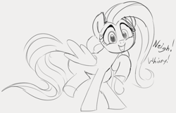 Size: 748x483 | Tagged: safe, artist:dotkwa, fluttershy, pegasus, pony, g4, black and white, descriptive noise, female, grayscale, horse noises, mare, monochrome, simple background, sketch, solo, white background