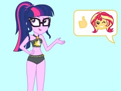 Size: 2048x1536 | Tagged: safe, artist:draymanor57, sci-twi, sunset shimmer, twilight sparkle, equestria girls, g4, bare arms, bare legs, bare shoulders, belly button, bikini, bikini top, brooch, clothes, clothes swap, cutie mark on clothes, diamond, emoji, female, glasses, hand on hip, hand up, jewelry, looking up, meh, message bubble, one eye closed, open mouth, open smile, ponytail, sleeveless, smiling, smirk, studs, sunset shimmer's beach shorts swimsuit, swimsuit, swimsuit swap, thumbs up, wink