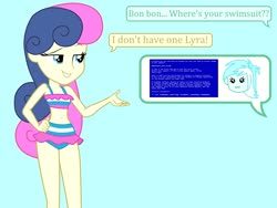 Size: 2048x1536 | Tagged: safe, artist:draymanor57, bon bon, lyra heartstrings, sweetie drops, equestria girls, g4, belly button, bikini, blue screen of death, clothes, clothes swap, lyra heartstrings swimsuit, striped swimsuit, swimsuit, swimsuit swap