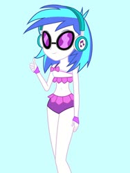 Size: 1536x2048 | Tagged: safe, artist:draymanor57, dj pon-3, vinyl scratch, equestria girls, g4, attached skirt, belly button, bikini, bow, clothes, clothes swap, female, fingerless gloves, glasses, gloves, grin, headphones, legs, midriff, one shoulder, skirt, smiling, solo, swimsuit, swimsuit swap, thumbs up