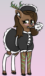 Size: 1807x2996 | Tagged: safe, artist:tav, oc, oc only, deer, antlers, blushing, clothes, duster, ear fluff, femboy, maid, male, markings, mouth hold, simple background, solo