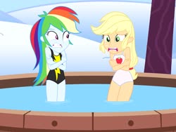 Size: 2048x1536 | Tagged: safe, artist:draymanor57, applejack, rainbow dash, equestria girls, g4, chattering teeth, clothes, cold, freezing, legs in the water, legs together, one-piece swimsuit, partially submerged, shivering, swimming pool, swimsuit, winter