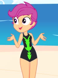 Size: 1536x2048 | Tagged: safe, artist:draymanor57, scootaloo, human, equestria girls, g4, beach, clothes, female, one-piece swimsuit, solo, swimsuit