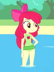 Size: 1536x2048 | Tagged: safe, artist:draymanor57, apple bloom, equestria girls, g4, clothes, female, green swimsuit, legs in the water, one-piece swimsuit, solo, swimsuit