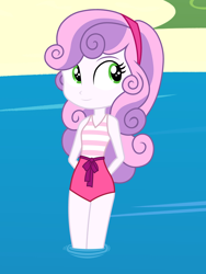 Size: 1536x2048 | Tagged: safe, artist:draymanor57, sweetie belle, equestria girls, g4, clothes, female, legs in the water, legs together, one-piece swimsuit, solo, swimsuit