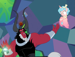 Size: 747x571 | Tagged: safe, screencap, cozy glow, lord tirek, alicorn, centaur, pony, g4, the ending of the end, bell, cozy glow is best facemaker, cropped, female, filly, funny, funny face, grogar's bell, magic, male, scrunchy face