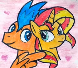 Size: 1900x1670 | Tagged: safe, artist:melisareb, flash sentry, sunset shimmer, pegasus, pony, unicorn, g4, bust, female, heart, looking at each other, male, mare, ship:flashimmer, shipping, stallion, straight, traditional art