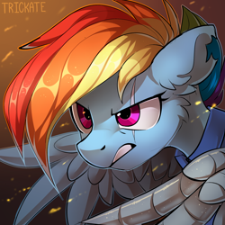 Size: 3000x3000 | Tagged: safe, artist:trickate, rainbow dash, pegasus, pony, the cutie re-mark, alternate timeline, amputee, apocalypse dash, artificial wings, augmented, badass, bust, crystal war timeline, ear fluff, eye scar, female, high res, injured, mare, portrait, prosthetic limb, prosthetic wing, prosthetics, scar, solo, torn ear, war, warrior, wings