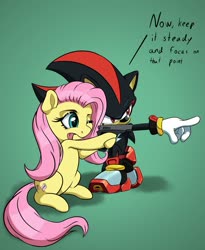Size: 1543x1884 | Tagged: safe, artist:thedrawvoid, fluttershy, mobian, pegasus, pony, g4, crossover, duo, gun, handgun, male, one eye closed, pistol, shadow the hedgehog, sonic the hedgehog, sonic the hedgehog (series), sonicified, teaching, text, tongue out, weapon, who needs trigger fingers