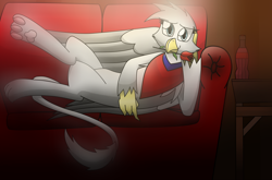 Size: 2650x1750 | Tagged: safe, artist:somber, oc, oc only, oc:snow, griffon, fallout equestria, bandana, clothes, couch, cute, end table, female, flower, flower in mouth, griffon oc, looking at you, mouth hold, nuka cola, paw pads, posing for photo, romantic, rose, rose in mouth, sexy, solo, sparkle cola